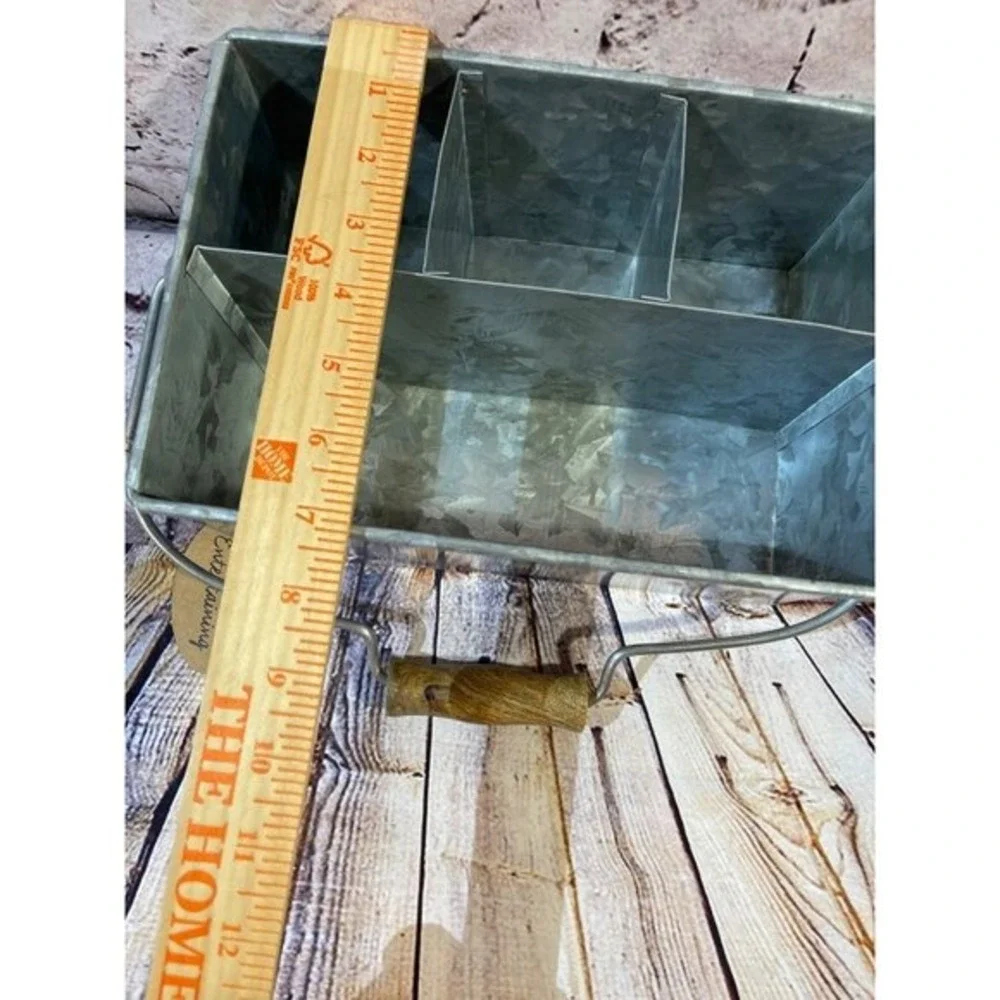 Galvanized Metal Caddy Organizer Wood Handle 3 Compartment‎ Rustic Farmhouse